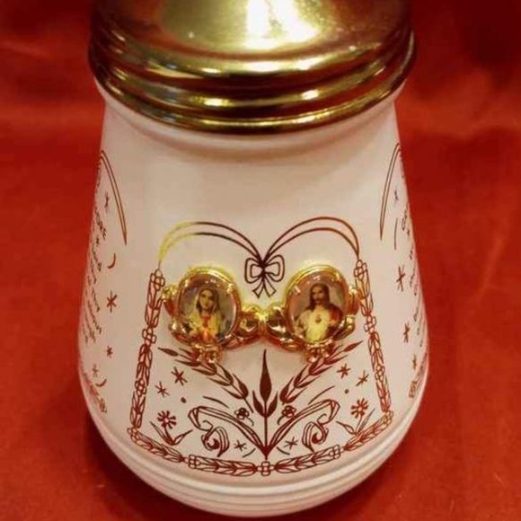 VTG WHITE WITH GOLD DETAIL RELIGIOUS SUGAR DISPENSER WITH GOLD TONE METAL 60'S - Picture 2 of 6